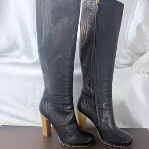 Gucci Black Leather Knee-High Boots with Tan Block Heel